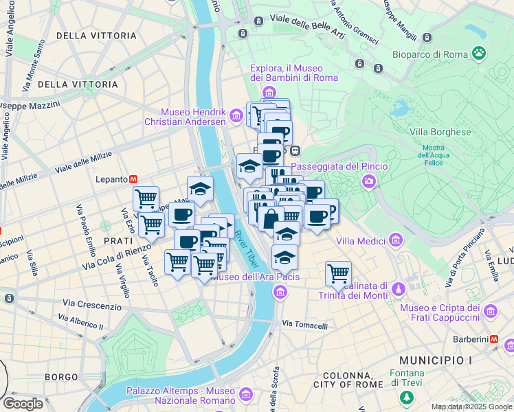 map of restaurants, bars, coffee shops, grocery stores, and more near 6 Via Ferdinando di Savoia in Roma