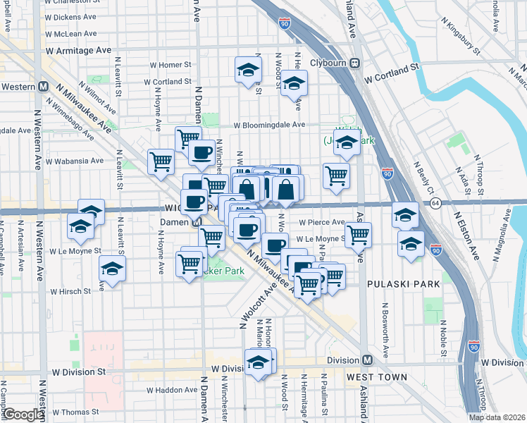 map of restaurants, bars, coffee shops, grocery stores, and more near in Chicago