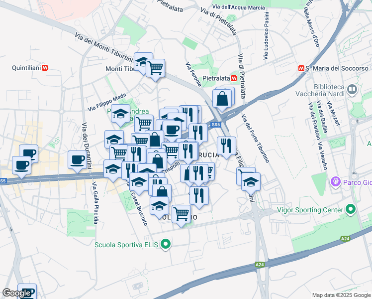 map of restaurants, bars, coffee shops, grocery stores, and more near 15 Via Diego Angeli in Rome