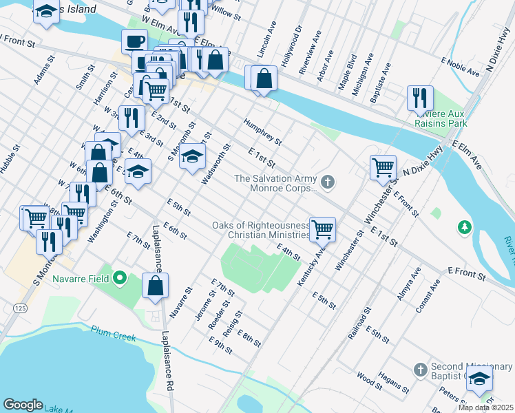 map of restaurants, bars, coffee shops, grocery stores, and more near 618 East 3rd Street in Monroe