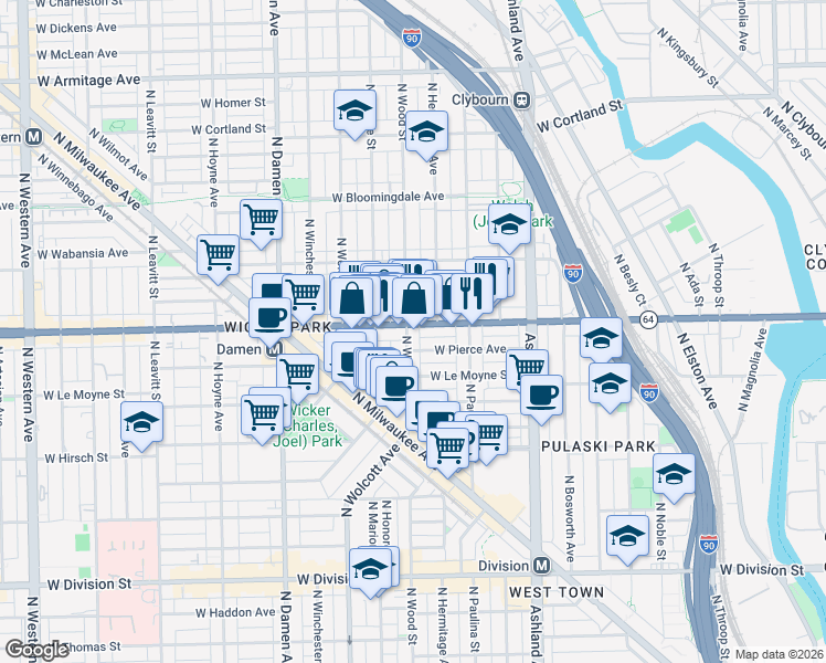 map of restaurants, bars, coffee shops, grocery stores, and more near 1801 Illinois 64 in Chicago