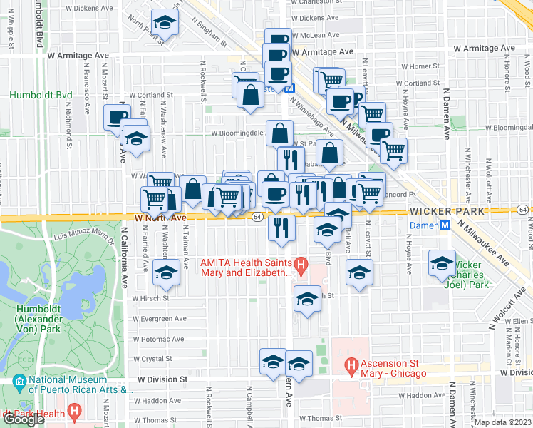 map of restaurants, bars, coffee shops, grocery stores, and more near West North Avenue & North Artesian Avenue in Chicago