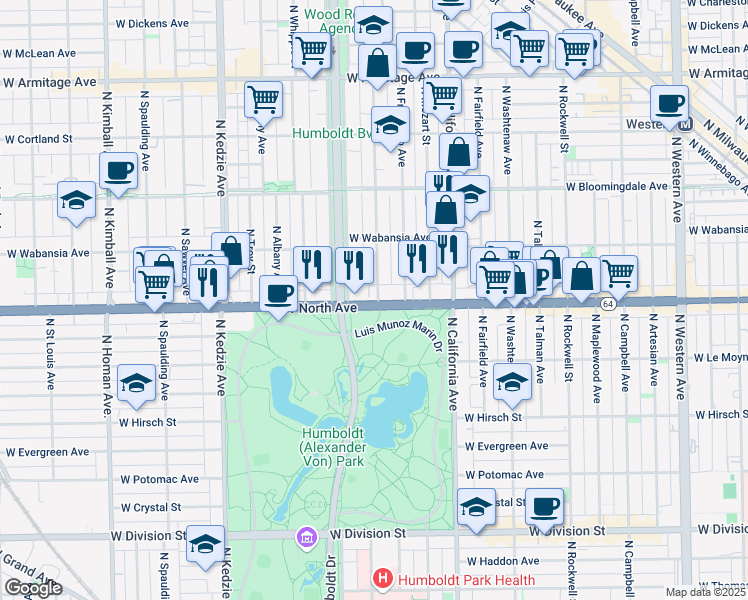 map of restaurants, bars, coffee shops, grocery stores, and more near 2932B West North Avenue in Chicago