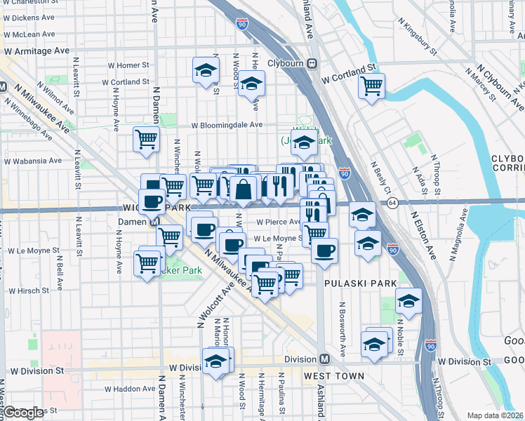 map of restaurants, bars, coffee shops, grocery stores, and more near 1528 North Paulina Street in Chicago