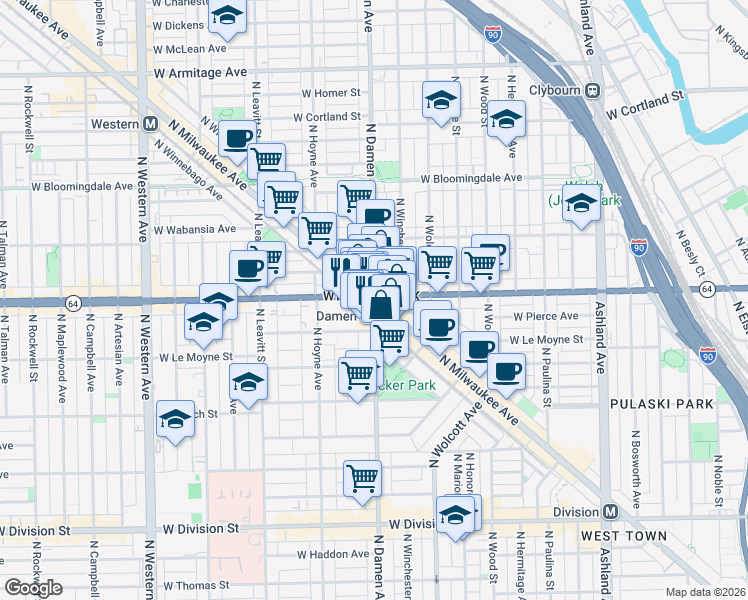map of restaurants, bars, coffee shops, grocery stores, and more near N Milwaukee Ave & N Damen Ave in Chicago