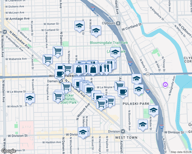 map of restaurants, bars, coffee shops, grocery stores, and more near 1801 Illinois 64 in Chicago