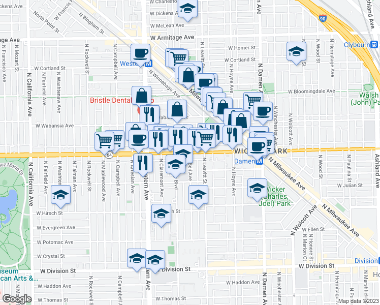 map of restaurants, bars, coffee shops, grocery stores, and more near West North Avenue & North Bell Avenue in Chicago