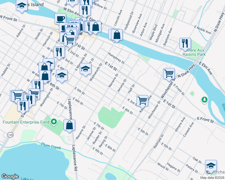 map of restaurants, bars, coffee shops, grocery stores, and more near 618 East 3rd Street in Monroe