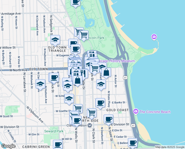 map of restaurants, bars, coffee shops, grocery stores, and more near North Clark Street & West Germania Place in Chicago