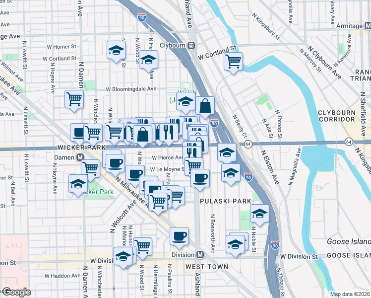 map of restaurants, bars, coffee shops, grocery stores, and more near 1641 West North Avenue in Chicago