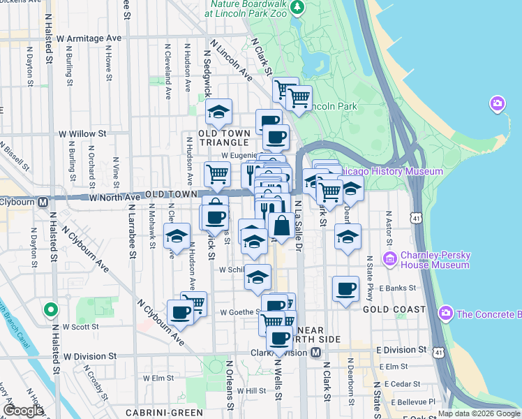 map of restaurants, bars, coffee shops, grocery stores, and more near 1520 North Wieland Street in Chicago