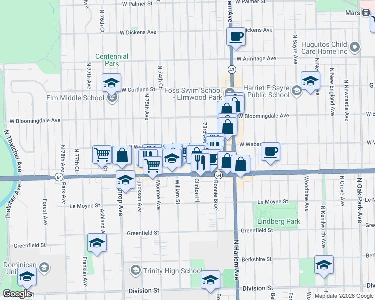 map of restaurants, bars, coffee shops, grocery stores, and more near 1634 North 73rd Court in Elmwood Park