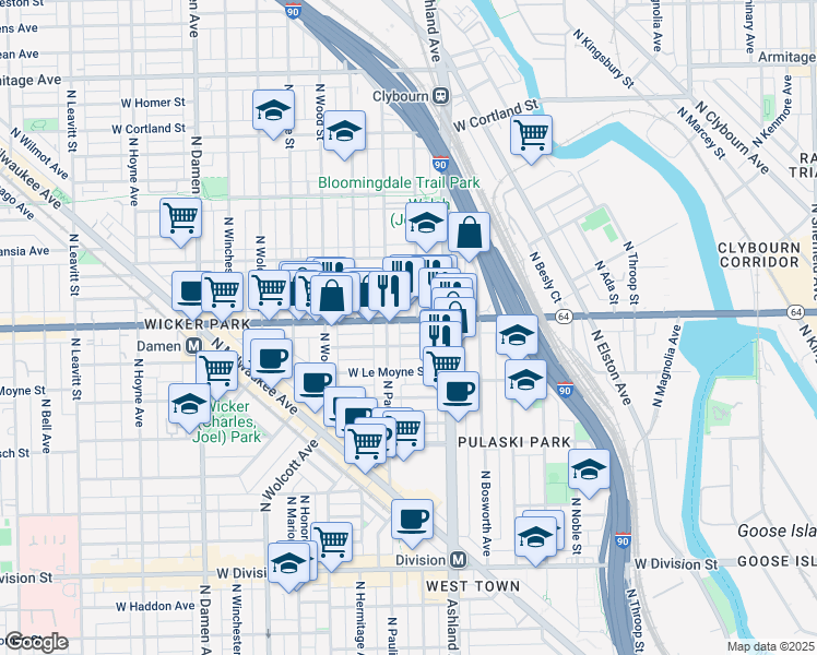 map of restaurants, bars, coffee shops, grocery stores, and more near 1641 West North Avenue in Chicago