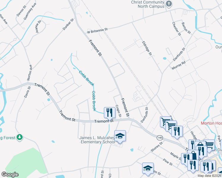 map of restaurants, bars, coffee shops, grocery stores, and more near 34 Crapo Street in Taunton