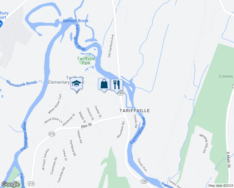 map of restaurants, bars, coffee shops, grocery stores, and more near 38 Main Street in Simsbury
