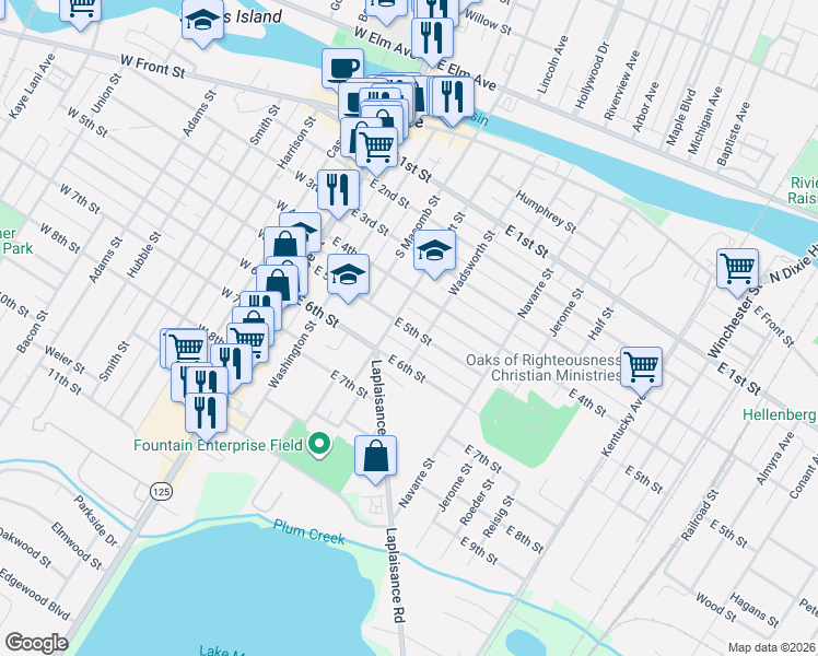 map of restaurants, bars, coffee shops, grocery stores, and more near 322 East 5th Street in Monroe