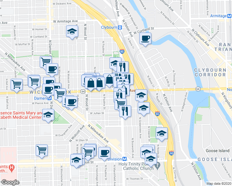 map of restaurants, bars, coffee shops, grocery stores, and more near 1641 West North Avenue in Chicago