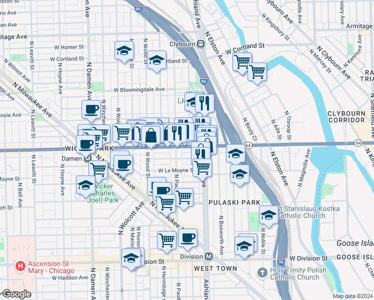 map of restaurants, bars, coffee shops, grocery stores, and more near 1641 West North Avenue in Chicago