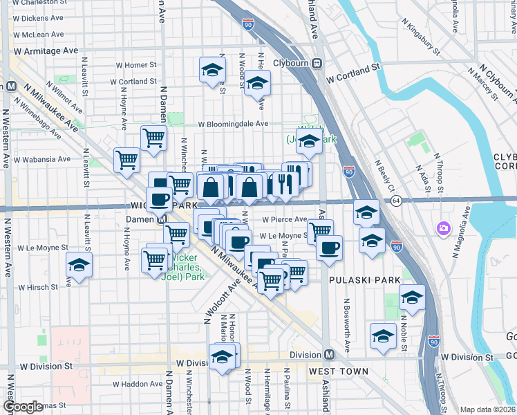 map of restaurants, bars, coffee shops, grocery stores, and more near 1801 Illinois 64 in Chicago
