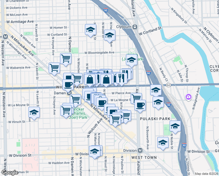 map of restaurants, bars, coffee shops, grocery stores, and more near 1801 Illinois 64 in Chicago