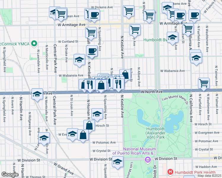map of restaurants, bars, coffee shops, grocery stores, and more near in Chicago