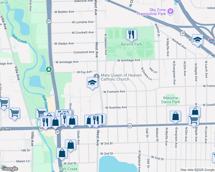 map of restaurants, bars, coffee shops, grocery stores, and more near 465 West Fremont Avenue in Elmhurst