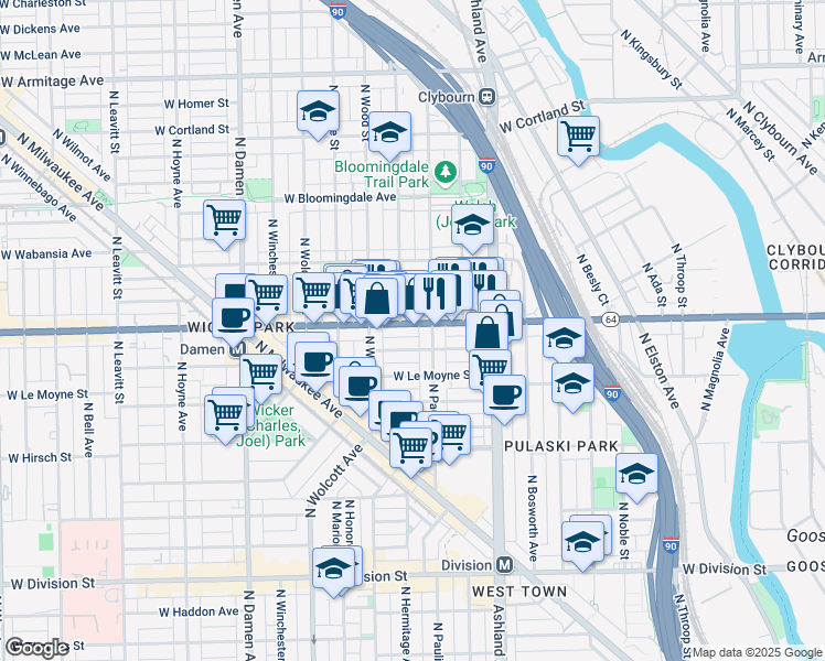map of restaurants, bars, coffee shops, grocery stores, and more near 1528 North Paulina Street in Chicago