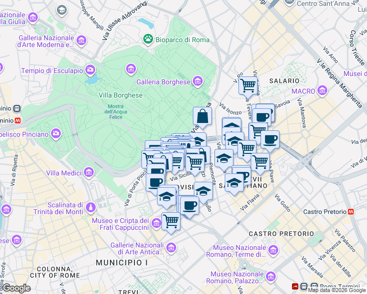 map of restaurants, bars, coffee shops, grocery stores, and more near 11 Corso D'Italia in Rome