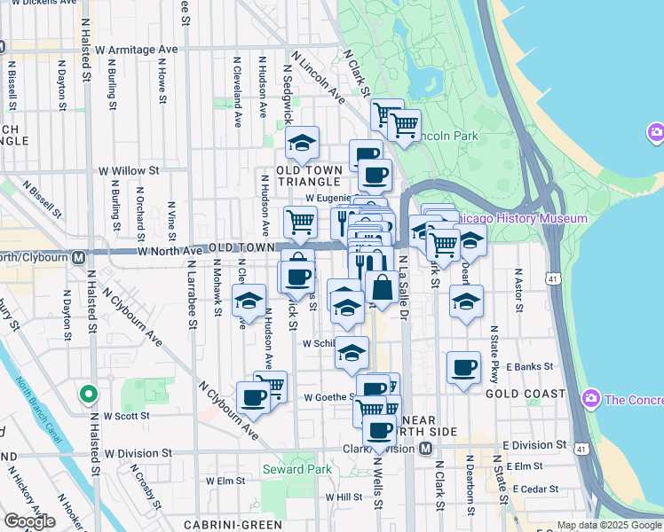 map of restaurants, bars, coffee shops, grocery stores, and more near 1536 N North Park Avenue in Chicago