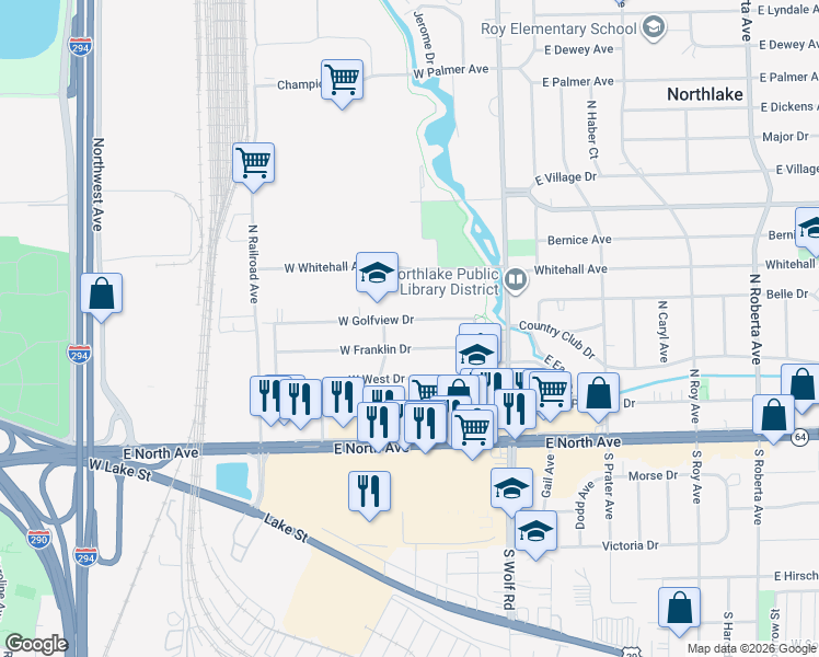 map of restaurants, bars, coffee shops, grocery stores, and more near 62 West Franklin Drive in Northlake