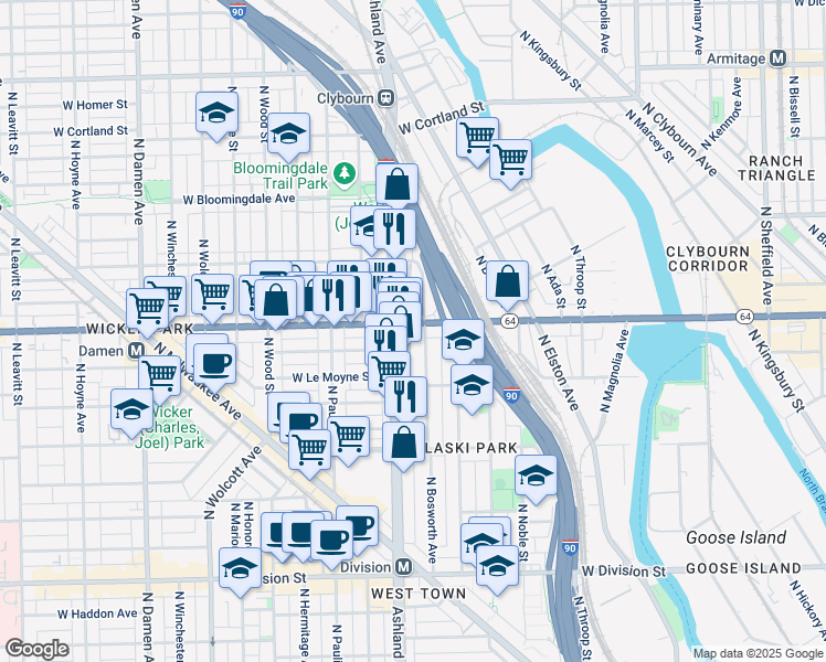 map of restaurants, bars, coffee shops, grocery stores, and more near 1545 West North Avenue in Chicago