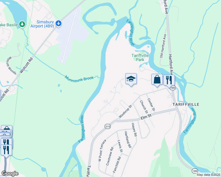 map of restaurants, bars, coffee shops, grocery stores, and more near 8 Mallard Cir in Simsbury