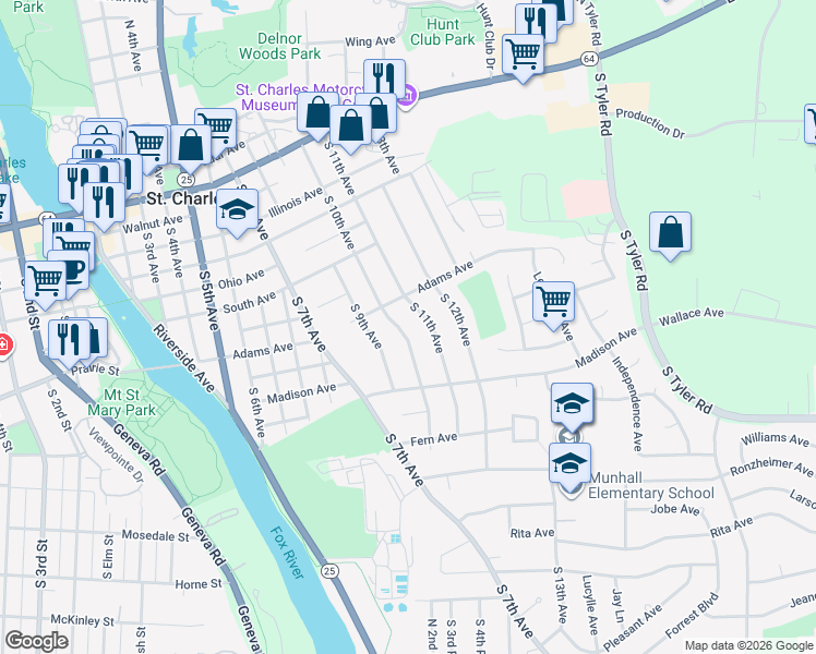 map of restaurants, bars, coffee shops, grocery stores, and more near 720 South 10th Avenue in Saint Charles