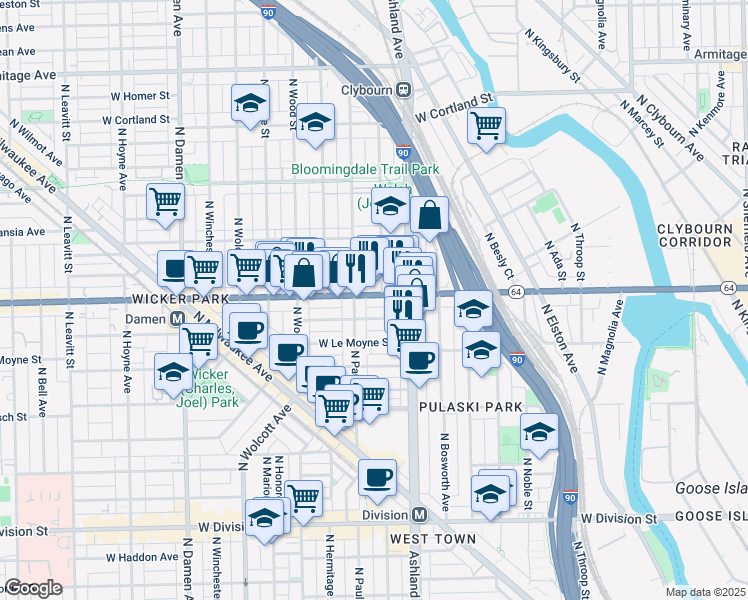 map of restaurants, bars, coffee shops, grocery stores, and more near 1641 West North Avenue in Chicago