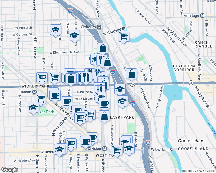 map of restaurants, bars, coffee shops, grocery stores, and more near 1545 West North Avenue in Chicago