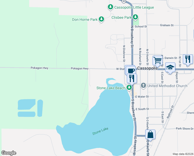 map of restaurants, bars, coffee shops, grocery stores, and more near 145 Stone Lake Street in Cassopolis