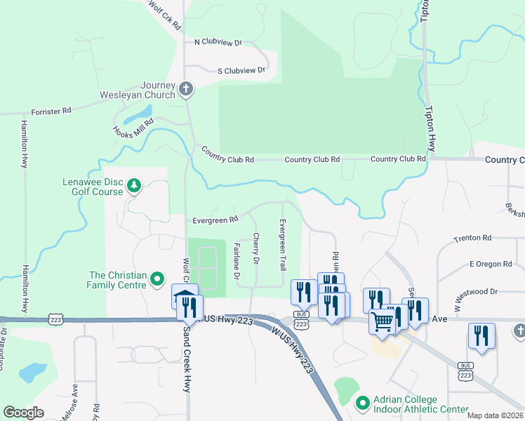 map of restaurants, bars, coffee shops, grocery stores, and more near 1523 Cherry Drive in Adrian