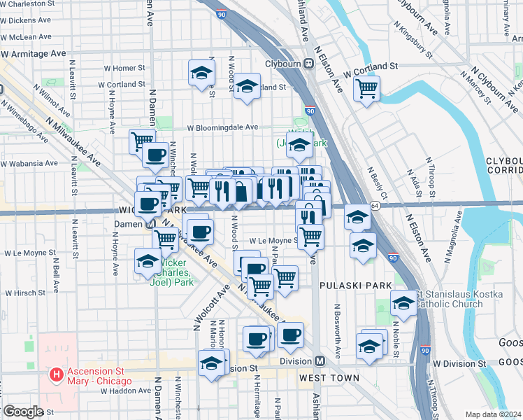 map of restaurants, bars, coffee shops, grocery stores, and more near 1717 West North Avenue in Chicago
