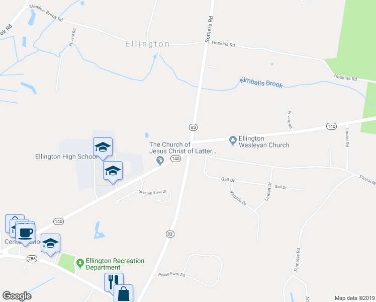 map of restaurants, bars, coffee shops, grocery stores, and more near 1 Maple Street in Ellington