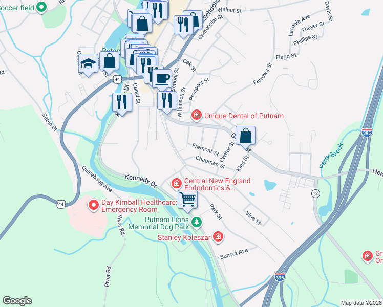 map of restaurants, bars, coffee shops, grocery stores, and more near 150 South Main Street in Putnam