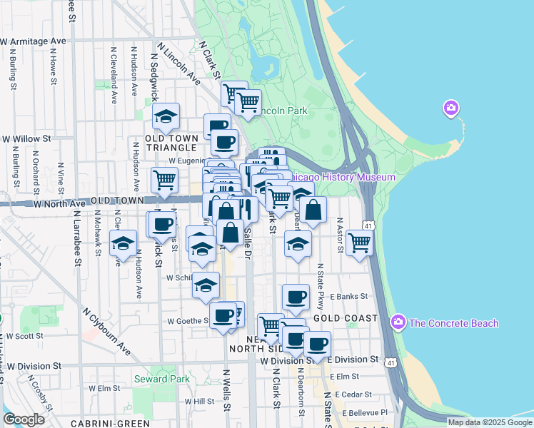 map of restaurants, bars, coffee shops, grocery stores, and more near 108 West Germania Place in Chicago