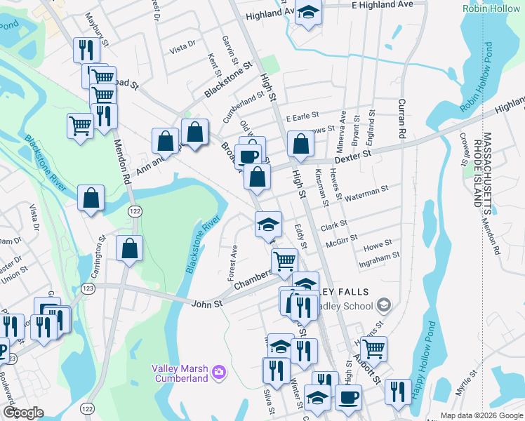 map of restaurants, bars, coffee shops, grocery stores, and more near 8 Forest Avenue in Cumberland