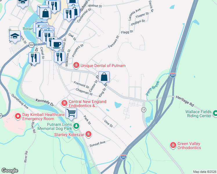 map of restaurants, bars, coffee shops, grocery stores, and more near 185 Grove Street in Putnam