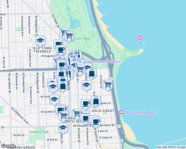map of restaurants, bars, coffee shops, grocery stores, and more near 1515 North State Parkway in Chicago