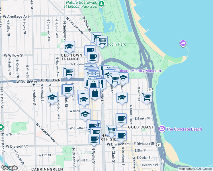 map of restaurants, bars, coffee shops, grocery stores, and more near 1546 North LaSalle Drive in Chicago