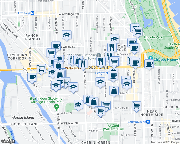 map of restaurants, bars, coffee shops, grocery stores, and more near 1527 North Mohawk Street in Chicago