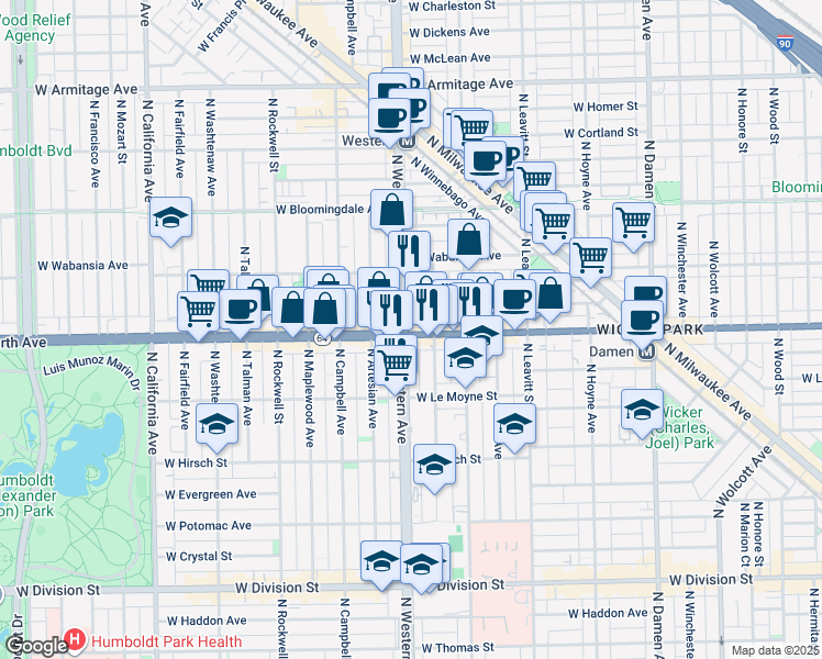 map of restaurants, bars, coffee shops, grocery stores, and more near 1547 North Western Avenue in Chicago
