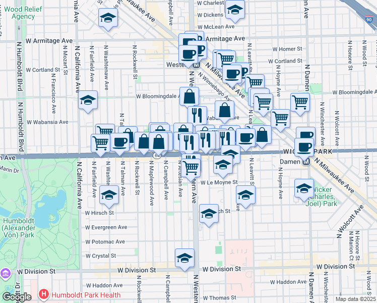 map of restaurants, bars, coffee shops, grocery stores, and more near 1547 North Western Avenue in Chicago