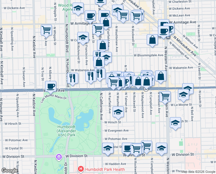 map of restaurants, bars, coffee shops, grocery stores, and more near 2735 West North Avenue in Chicago