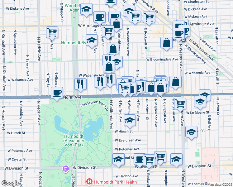 map of restaurants, bars, coffee shops, grocery stores, and more near 2735 West North Avenue in Chicago